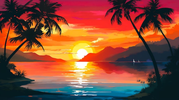 Uma imagem serena mostrando um pôr do sol colorido lançando um brilho quente sobre um oceano calmo com silhuetas