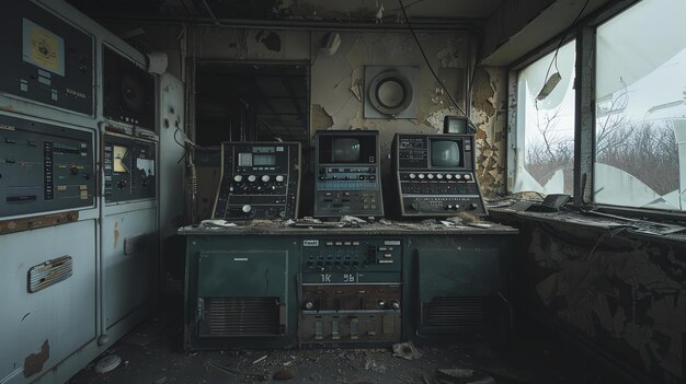 Foto uma imagem sinistra e atmosférica de uma sala de controle abandonada. a sala é escura e empoeirada e as paredes estão cobertas de graffiti.