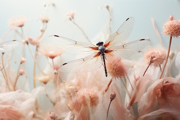 Uma imagem sonhada de libélulas envolvidas em uma dança delicada contra um fundo pastel sua eterea