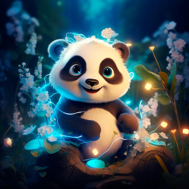 Uma imagem sonhosa e caprichosa de um lindo panda cercado por elementos inspirados em fadas