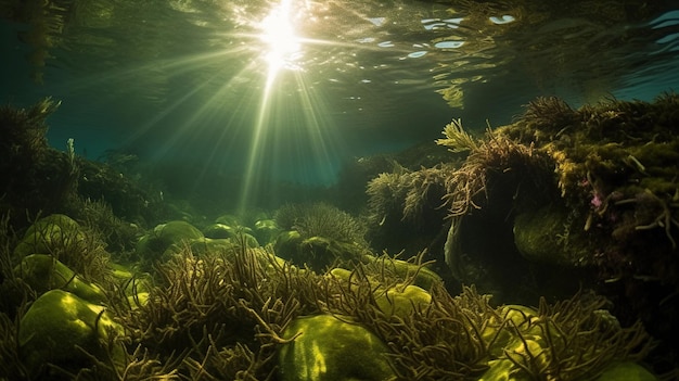 Foto uma imagem subaquática de uma alga com o sol brilhando sobre ela.