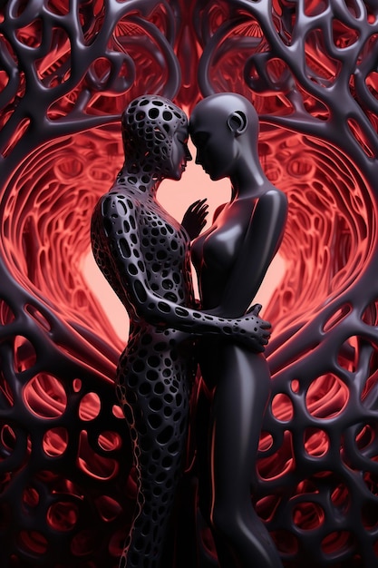 uma imagem surrealista 3D do futuro amor em um fundo preto sem costura