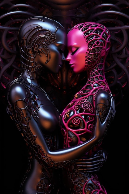 uma imagem surrealista 3D do futuro amor em um fundo preto sem costura