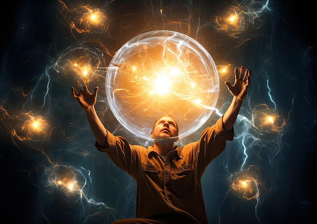 Uma imagem surrealista de um eletricista flutuando no ar cercado por uma esfera brilhante de