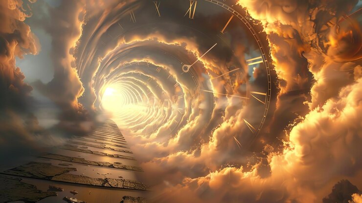 Foto uma imagem surrealista de uma escada para o céu com um relógio nas nuvens