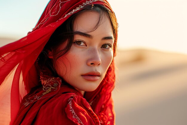 Uma imagem tranquila capturando uma mulher de vermelho contra as tonalidades suaves de uma paisagem desértica