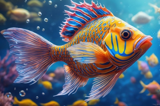 Uma imagem ultra de um peixe colorido nadando para longe da câmera