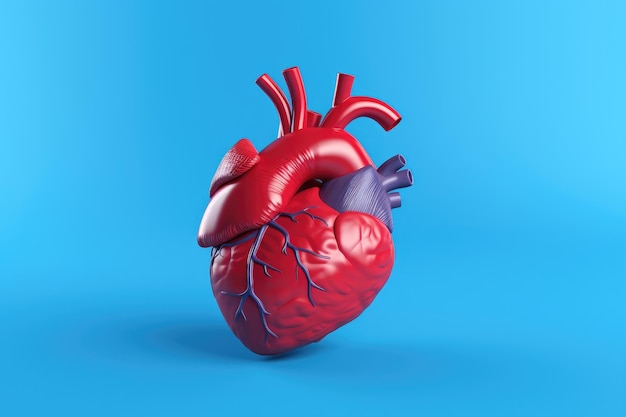 Uma imagem vibrante com um símbolo de coração vermelho e azul exibido em um fundo azul sólido Coração humano exibido em um fundo azul Renderização 3D Ilustração 3D gerada por IA