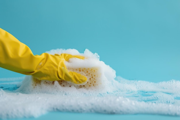 Uma imagem vibrante com uma mão em uma luva de borracha amarela esfregando vigorosamente uma superfície com uma esponja de sabão transmitindo limpeza e diligência