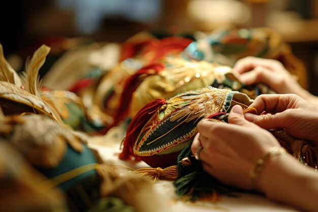 Foto uma imagem vibrante da fabricação de máscaras de purim, onde mãos habilidosas moldam materiais coloridos, enfatizando a rica criatividade e tradição do feriado.