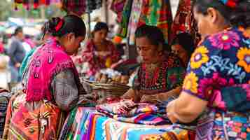 Foto uma imagem vibrante de um mercado tradicional guatemalteco cheio de têxteis