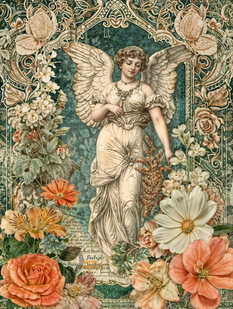 Uma imagem vintage de um anjo com flores e palavras anjo nele