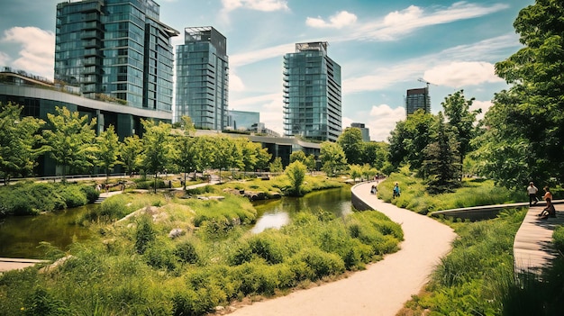 Uma imagem viva de um parque urbano dentro de uma cidade futura sustentável apresentando uma mistura harmoniosa de natureza e tecnologia