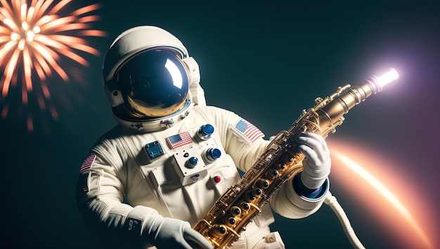 Uma imagem vívida de um astronauta tocando saxofone na frente de um gerador de IA de fogos de artifício