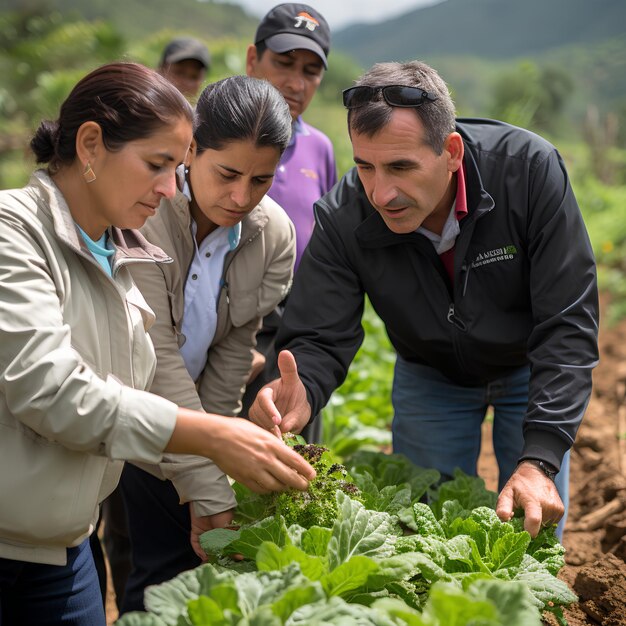 uma imagen muy detallada de un grupo de agricultores entre plantas