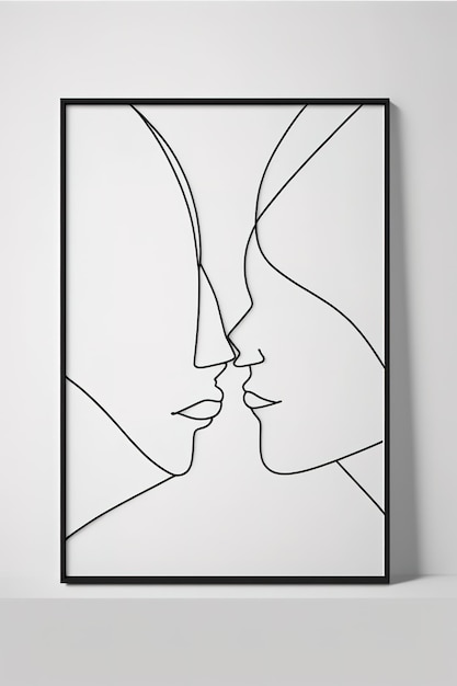 Uma impressão artística emoldurada de dois rostos em uma parede branca.