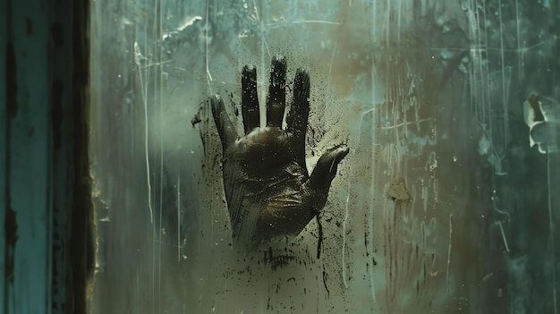 Uma impressão de mão misteriosa e escura aparece numa janela suja.