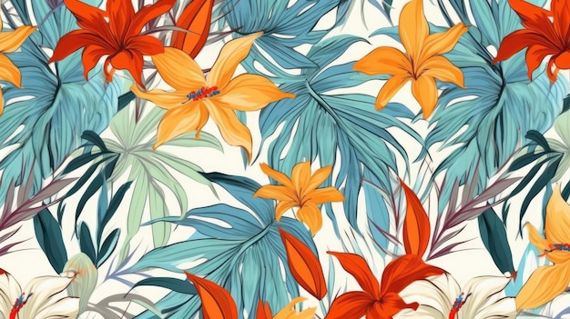 Uma impressão tropical moderna com folhas de palmeira e flores Ilustração IA generativa