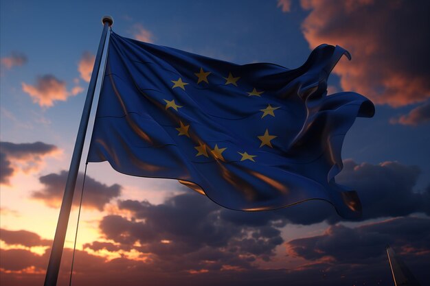 Uma impressionante bandeira europeia em silhueta contra um magnífico pôr-do-sol no horizonte