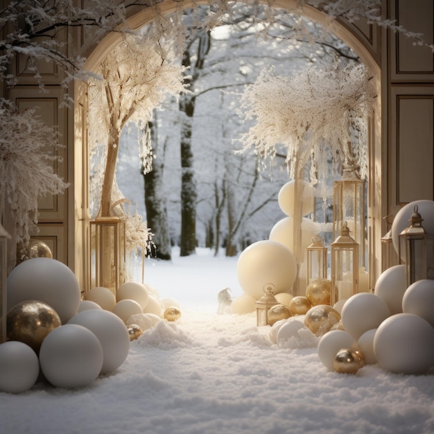 Uma impressionante cena de Natal dourada e branca com bolas cintilantes e um fundo de neve