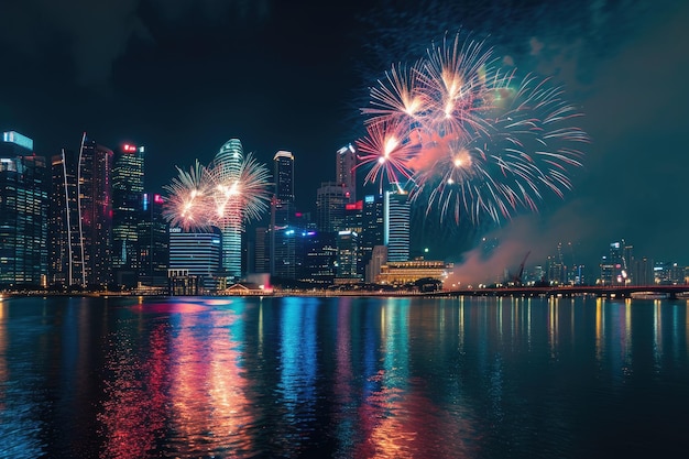 Uma impressionante exibição de fogos de artifício ilumina o céu noturno sobre uma cidade movimentada criando um espetáculo deslumbrante.