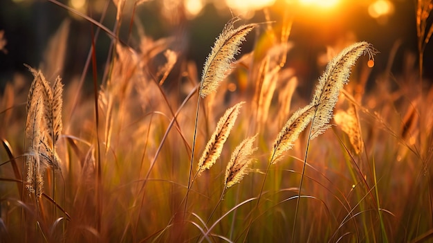 Uma impressionante imagem macro de grama selvagem banhada na luz dourada quente de um pôr do sol na floresta