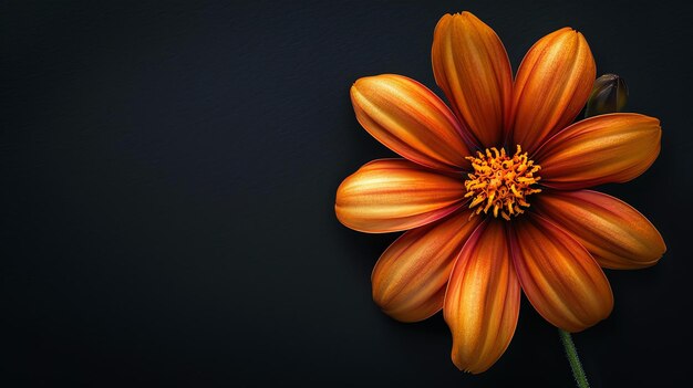 Uma impressionante imagem macro de uma única flor de laranja em plena floração contra um fundo escuro