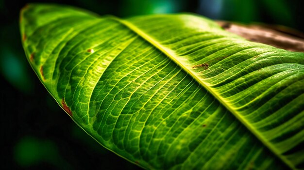 Uma impressionante imagem macro enfatizando a textura rica e os padrões cativantes de uma folha verde tropical