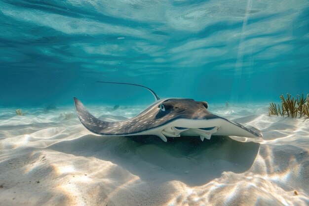 Uma impressionante manta-rai desliza graciosamente pelas águas cristalinas do oceano Uma vista subaquática de uma graciosa raia-rai nadando perto do fundo do oceano