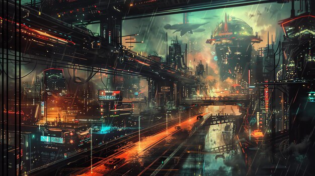 Uma impressionante pintura digital de uma cidade cyberpunk à noite. A cidade está cheia de edifícios altos, luzes de néon e carros voadores.