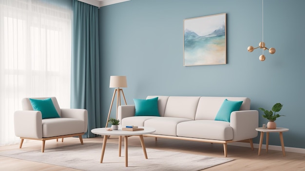 Uma impressionante sala de estar azul com um sofá branco e duas cadeiras AI Generative