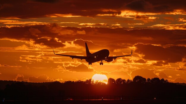 Foto uma impressionante silhueta do pôr-do-sol de um avião de passageiros a aterrar contra um céu laranja que incorpora o romance e a emoção das viagens