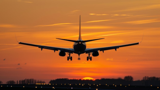 Foto uma impressionante silhueta do pôr-do-sol de um avião de passageiros a aterrar contra um céu laranja que incorpora o romance e a emoção das viagens