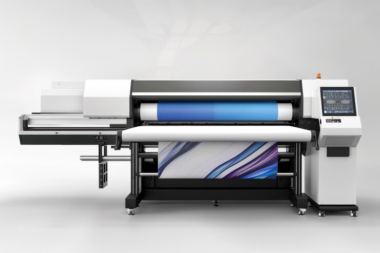 Foto uma impressora de grande formato de alta tecnologia com uma impressão de gradiente azul vibrante sendo processada situada em um espaço de trabalho profissional limpo