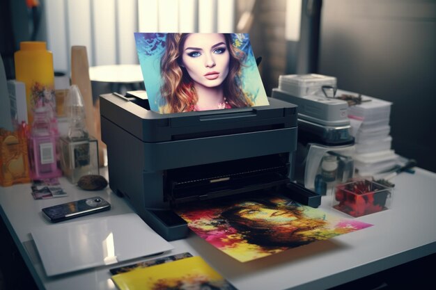 Foto uma impressora sentada em cima de uma mesa branca ideal para conceitos de escritório ou escritório em casa