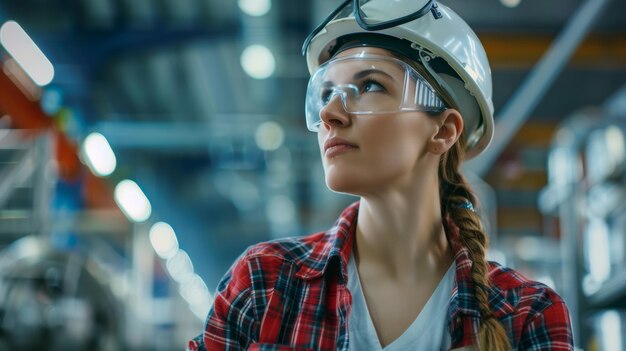 Foto uma incrível engenheira olha em volta com espanto para a instalação de fabricação de satélites aeroespaciais um jovem talento está começando sua carreira em um programa de exploração espacial de fama mundial