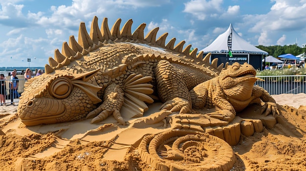 Uma incrível escultura de areia de um dragão e um lagarto na praia com uma tenda ao fundo