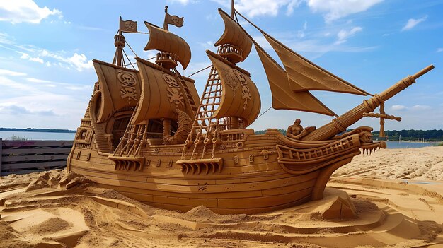 Uma incrível escultura de areia de um navio pirata com grandes detalhes e artesanato