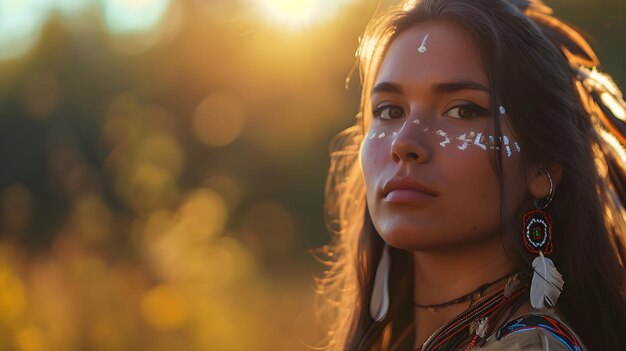 Foto uma indígena nativa americana sioux contra o fundo da natureza