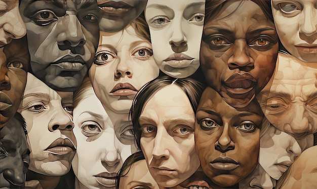 Uma infinidade de rostos humanos expressivos forma um fundo cativante que evoca uma sensação de interconexão designe designe