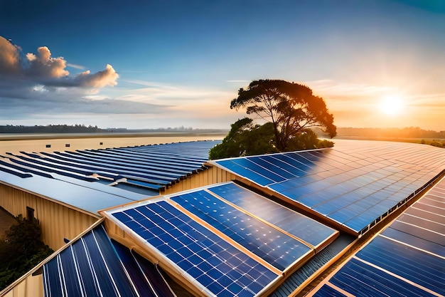 Uma instalação de painéis solares num telhado mostrando a utilização da energia solar para um p...