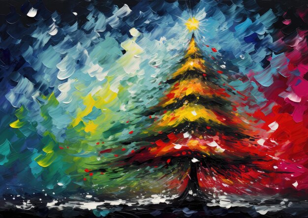 Foto uma interpretação pós-impressionista de uma árvore de natal preta capturada com cores ousadas e expressivas.