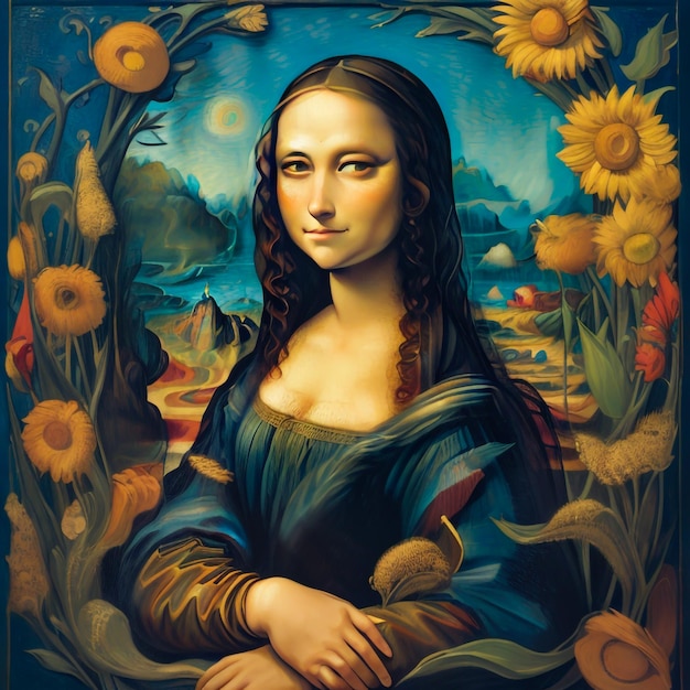 Uma interpretação vibrante e expressiva da Mona Lisa no icônico estilo de Van Gogh