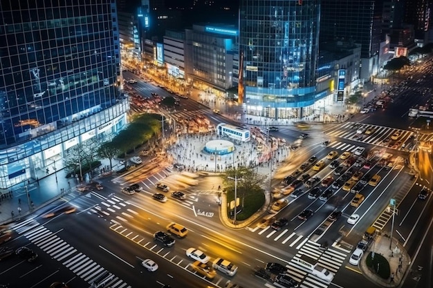 uma intersecção movimentada à noite com uma grande multidão de pessoas