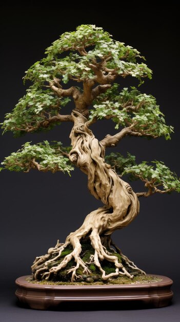 Uma intrincada escultura viva, uma obra-prima de bonsai verdejante.