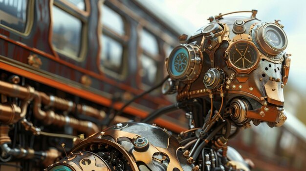 Foto uma intrincada ilustração 3d de um robô steampunk gerada por ia