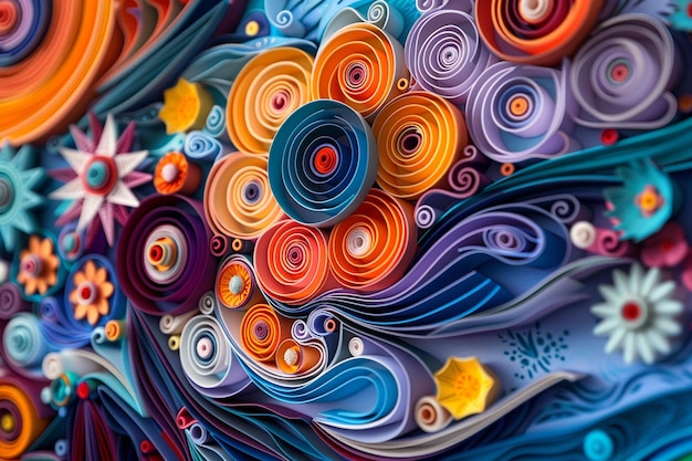 Uma intrincada obra de arte de quilling de papel exibida em uma wa