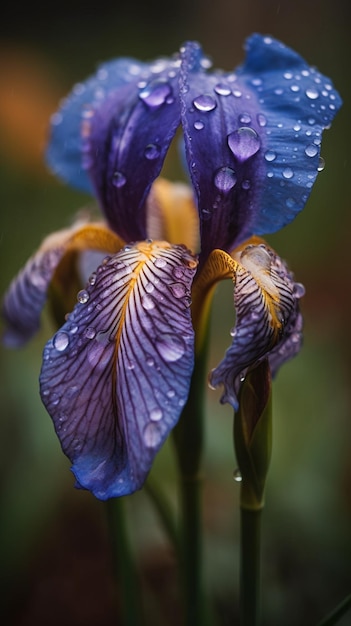 Uma íris azul com pingos de chuva