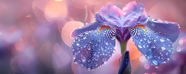 Uma íris em flor adornada com gotículas de água brilhantes revela a intrincada beleza que se desdobra quando a natureza combina elegância com o toque do orvalho matinal.