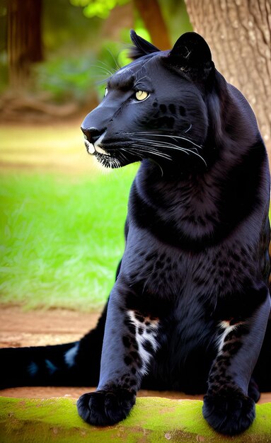 Foto uma jaguar preta está sentada numa árvore.
